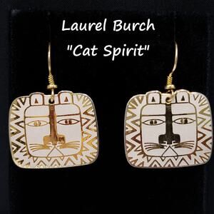 Vintage Laurel Burch "Cat Spirit" Earrings, Cream White Enamel, Gold Plated